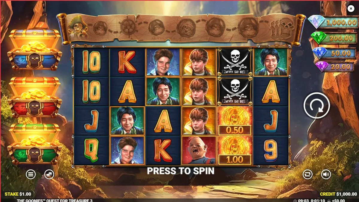 The Goonies Quest for Treasure 3 slot game interface with treasure map theme
